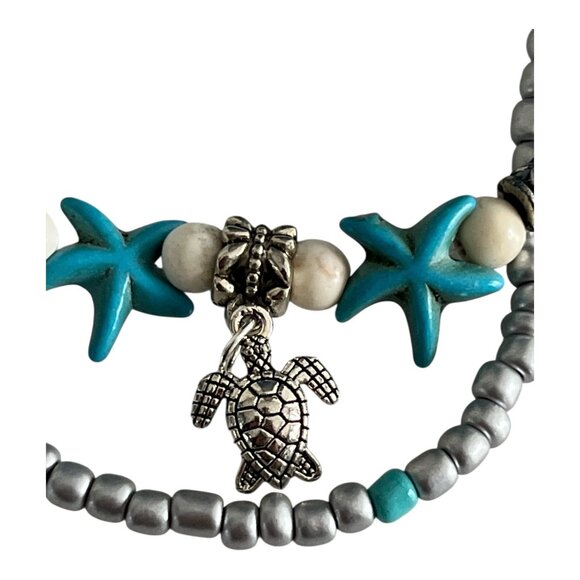 Starfish and Turtle Beaded Bracelet – Silver, Turquoise, and Ivory Beads – Beach - Picture 3 of 5